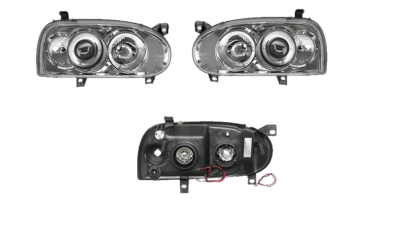 Set faruri tuning VW GOLF 3, 08.1991-04.1999, Taiwan, partea stanga+dreapta, cu lumina parcare fibra optica;tip bec H1+H1; manual/electric; transparent, argintiu; fara motor;