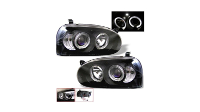 Set faruri VW Golf 3 (1h), 08.1991-04.1999, partea Stanga+Dreapta, Tuning, Fata, cu lumina parcare fibra optica; tip bec H1+H1; manual/electric; negru, transparent; fara motor; tuning, Taiwan