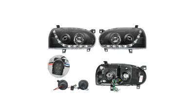 Set faruri VW Golf 3 (1h), 08.1991-04.1999, partea Stanga+Dreapta, Tuning, Fata, cu lumina de parcare LED; tip bec H1+H1; manual/electric; negru, transparent; fara motor; tuning, Taiwan