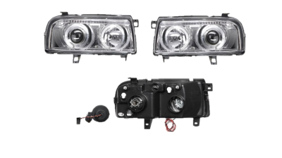 Set faruri tuning VW VENTO/JETTA (USA) (1H), 01.1992-10.1998, Taiwan, partea stanga+dreapta, cu lumina parcare fibra optica;tip bec H1+H1; manual/electric; transparent, argintiu; fara motor;