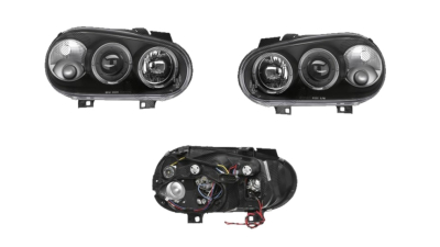 Set faruri tuning VW GOLF 4 (1J) (Hatchback + Combi + CABRIOLET), 08.1997-09.2006, Taiwan, partea stanga+dreapta, cu lumina parcare fibra optica;tip bec H1+H1; manual/electric; negru, transparent; fara motor;