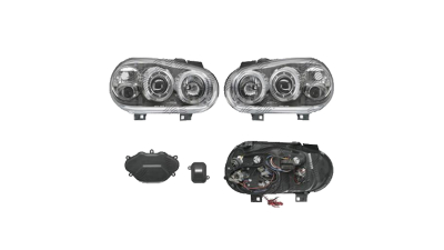 Set faruri VW Golf 4 (1j), 08.1997-09.2006, partea Stanga+Dreapta, Tuning, Fata, cu lumina parcare fibra optica; tip bec H1+H1+H3; manual/electric; transparent, argintiu; fara motor; tuning, Taiwan