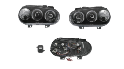 Set faruri tuning VW GOLF 4 (1J) (Hatchback + Combi + CABRIOLET), 08.1997-09.2006, Taiwan, partea stanga+dreapta, cu lumina parcare fibra optica;tip bec H1+H1+H3; manual/electric; negru, transparent; fara motor;