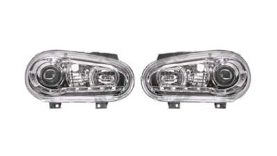Set faruri VW Golf 4 (1j), 08.1997-09.2006, partea Stanga+Dreapta, Tuning, Fata, cu lumina de parcare LED; tip bec H1+H1; manual/electric; transparent, argintiu; fara motor; tuning, Taiwan