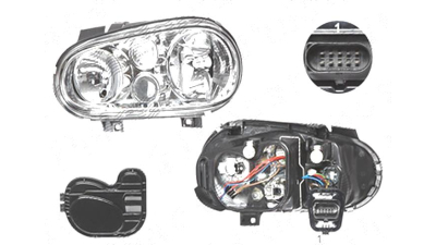 Far Volkswagen Golf 4 (1j) (Hb + Combi), 08.1997-09.2006; Golf 4 Cabriolet (1exo), 04.1998-10.2003 , fata, Stanga, cu Proiector ceata; H1+H3+H7+PY21W+W5W; manual/electric; fara motoras;