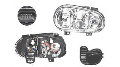 Far Volkswagen Golf 4 (1j) (Hb + Combi), 08.1997-09.2006; Golf 4 Cabriolet (1exo), 04.1998-10.2003 , fata, Dreapta, cu Proiector ceata; H1+H3+H7+PY21W+W5W; manual/electric; fara motoras;