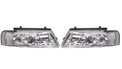 Set faruri VW Passat (B5 (3b)), 09.1996-11.2000, partea Stanga+Dreapta, Tuning, Fata, cu lumina de parcare LED; tip bec H1+H1; manual/electric; transparent, argintiu; fara motor; tuning, Taiwan