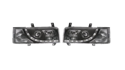 Set faruri VW Transporter (T4)/Caravelle/Multivan, 07.1990-03.2003, Multivan, Transporter, partea Stanga+Dreapta, Tuning, Fata, cu lumina de parcare LED; tip bec H1+H1; manual/electric; negru, transparent; fara motor; tuning, Taiwan