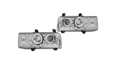 Set faruri VW Transporter (T4)/Caravelle/Multivan, 07.1990-03.2003, Multivan, Transporter, partea Stanga+Dreapta, Tuning, Fata, cu lumina de parcare LED; tip bec H1+H1; manual/electric; transparent, argintiu; fara motor; tuning, Taiwan