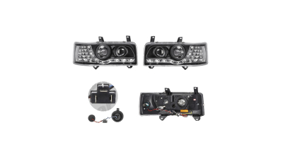 Set faruri VW Transporter (T4)/Caravelle/Multivan, 07.1990-03.2003, Multivan, Transporter, partea Stanga+Dreapta, Tuning, Fata, cu indicator led; cu lumina de parcare LED; tip bec H1+H1+LED; manual/electric; negru, transparent; fara motor; tuning, Taiwan
