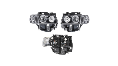 Set faruri tuning Vw Transporter T4 Caravelle 09.1996-2003, Manual/Electric, tip bec H7+H7, omologare ECE, fara motoras, cu indicator, negru transparent, Stanga, Dreapta