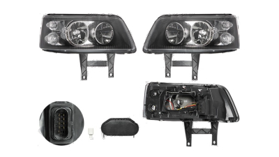 Set faruri VW Transporter/Multivan (T5), 04.2003-10.2009, Multivan, partea Stanga+Dreapta, Tuning, Fata, H1+H7; electric; negru, transparent; fara motor; cu fixare la panoul frontal; tuning, DEPO