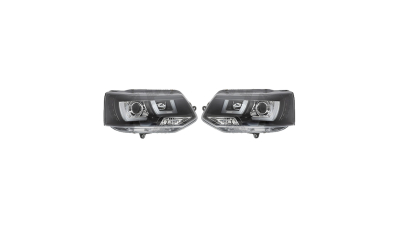 Set faruri tuning Vw Transporter/Multivan (T5), 10.2009-2015, Manual, tip bec H1+H1, omologare ECE, cu lumini de zi, negru transparent, Stanga, Dreapta