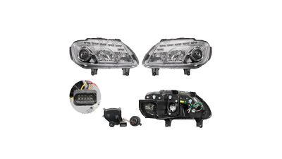 Set faruri VW Caddy Iii/Life (2k), 03.2004-06.2010, Touran (1t), 02.2003-12.2006, partea Stanga+Dreapta, Tuning, Fata, cu lumina de parcare LED; H1+H7; manual/electric; transparent, argintiu; fara motor; tuning, Taiwan