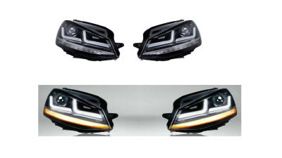 Set faruri VW Golf 7 (5k), 10.2012-03.2017, Versiunea Cu Faruri Xenon, partea Stanga+Dreapta, Tuning, bi-LED; IP69K Protectie; temperatura culoare 6000K; lampa parcare LED; cu indicator led; lumina de zi LED; electric; cromat, negru; tuning,