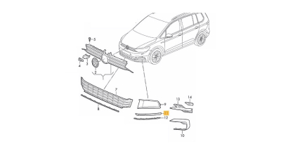 Ornament grila bara protectie VW Touran (5t), 05.2015-, Fata, partea Stanga, Texturat; negru, Aftermarket