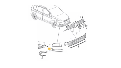 Ornament grila bara protectie VW Touran (5t), 05.2015-, Fata, partea Dreapta, Texturat; negru, Aftermarket