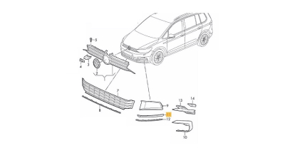 Ornament grila bara protectie VW Touran (5t), 05.2015-, Fata, partea Stanga, Texturat; negru; cu gauri pt. ornamente, Aftermarket