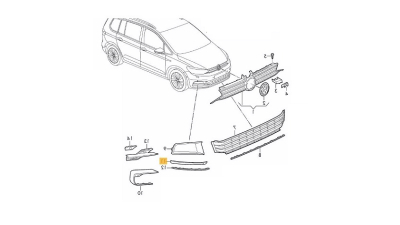 Ornament grila bara protectie VW Touran (5t), 05.2015-, Fata, partea Dreapta, Texturat; negru; cu gauri pt. ornamente, Aftermarket