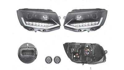 Set faruri tuning VW Transporter/Multivan (T6), 04.2015-, Stanga+Dreapta, cu LED indicator; cu LED daytime running light; cu LED-uri pozitie; H1+H11+LED; electric; negru; cu motor; cu becuri; Taiwan