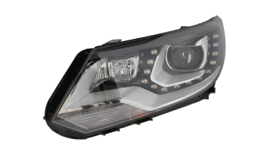 Far VW Tiguan (5n2), 04.2011-05.2016, partea Stanga, bi-xenon; cu sistem iluminat in curba; cu functie mascare faruri faza lunga; cu lumina timp de zi tip LED; D3S+H7+PSY24W; electric; cu motor, HELLA