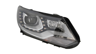 Far VW Tiguan (5n2), 04.2011-05.2016, partea Dreapta, bi-xenon; cu sistem iluminat in curba; cu functie mascare faruri faza lunga; cu lumina timp de zi tip LED; D3S+H7+PSY24W; electric; cu motor, HELLA