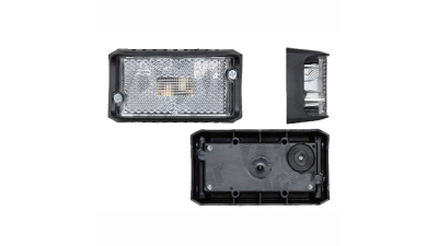 Lampa pozitie gabarit 12/24V; cu element reflectorizant; dreptunghiular; fixare cu holsurub; C5W; alb, carcasa neagra; fara cablaj; Latime: 85 mm; Inaltime: 45 mm; adancime: 27 mm;