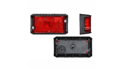 Lampa pozitie gabarit 12/24V; cu element reflectorizant; dreptunghiular; fixare cu holsurub; C5W; carcasa neagra, rosu; fara cablaj; Latime: 85 mm; Inaltime: 45 mm; adancime: 27 mm;