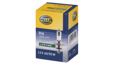 Bec auto halogen HELLA H4 12V; 60/55W; long life; durabilitate tripla; P43t; 8GJ002525481, 1 buc.