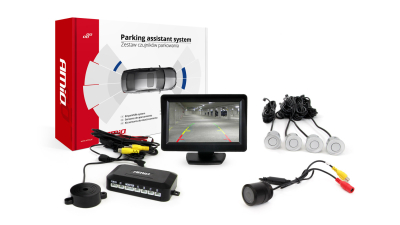 Senzori parcare spate Amio, culoare GRI, 4 senzori + camera in bara + display TFT