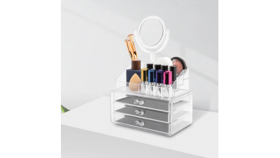 Organizator cosmetic transparent, cu oglinda