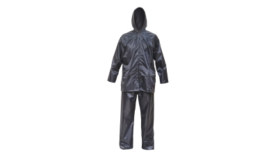 Costum impermeabil cu gluga si pantaloni din poliester si PVC, navy blue, L Breckner Germany