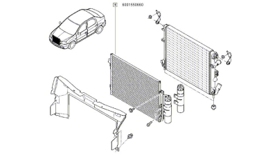 Radiator clima aer conditionat; Condensor AC Dacia Logan 2004-, Sandero 2008- motorizare 1.4, 1.6, 6001550660,  piesa originala OE
