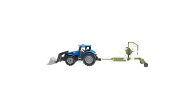 Tractor albastru jucarie cu incarcator frontal si utilaj grebla agricola Farm Truck