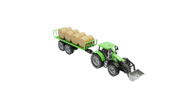 Jucarie tractor verde cu incarcator si remorca pentru baloti