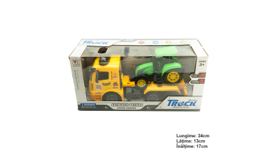 Camion galben cu detalii autentice de tip trailer pe baterii impreuna cu tractor verde de jucarie