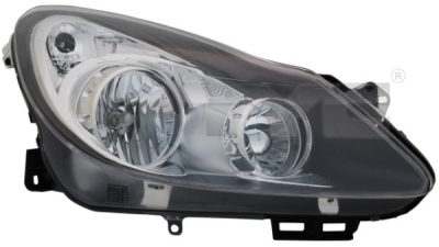 Far Opel Corsa D 07.2006-01.2011 TYC fata stanga , tip bec H1+H7, reglare electrica, culoare rama negru, fara motoras