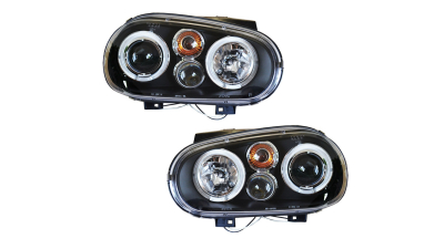 Set Faruri tuning Vw Golf 4 1J 1997-2006 (Hatchback/Combi/Cabriolet) cu Angel Eyes , transparent-negru , tip bec H1+H1 , fara motoras