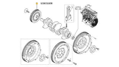 Fulie curea Arbore cotit motor 1.5dci/1.6 16V DACIA DOKKER, DUSTER, LODGY, LOGAN, LOGAN II, LOGAN MCV, LOGAN MCV II, SANDERO, SANDERO II; NISSAN ALMERA II, JUKE, MICRA III motorizari 1.4/1.4 16V, 1.5 dci, 1.6/1.6 16V, 123033245R,  piesa originala OE
