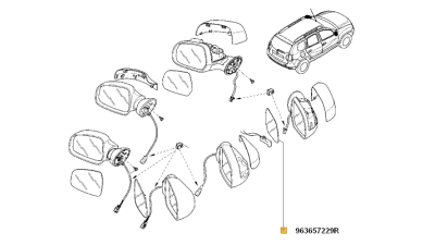 Geam oglinda Dacia Dokker, 11.2012-, Duster, 01.2010-2012, Dacia Lodgy, 09.2012-, Nissan Leaf, 12.2010-12.2012, partea Dreapta. 963657229R,  piesa originala OE