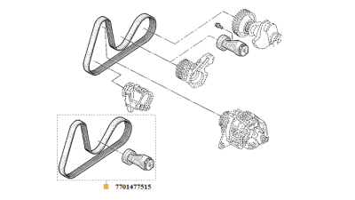 Kit Transmisie RENAULT GRAND SCENIC II, GRAND SCENIC III, MEGANE CC, MEGANE II, Megane III, SCENIC II, SCENIC III motorizari 1.9D/2.0, curea 7PK1125 + intinzator curea, 7701477515,  piesa originala OE