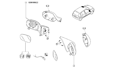 Oglinda exterioara Renault Clio II Thalia 4P/Sedan/Classic (L65) 1998-08.2004, partea Stanga, (se livreaza fara capac, geam), 8200108622,  piesa originala OE