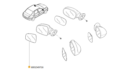 Geam oglinda exterioara DACIA Duster 2010-11.2013; Logan Berlina 2008-2012; LOGAN MCV 2007-2012, Sandero 2008-2012 partea Stanga, fara incalzire, 6001549716,  piesa originala OE