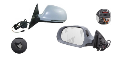 Oglinda exterioara Audi A6 (C6), 10.2008-03.2011, Stanga, reglare electrica; grunduit; incalzita; cu functie detectie unghi mort; geam asferic; cromat; memorie; 15 pini; cu semnalizare; cu lampa perimetru, View Max