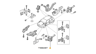 Opritor usa fata Renault Clio I, 1990-1998; Clio 2 (B0/1/2), 09.1998-2012; Clio II/Storia/Campus (B0/1/2), 07.01-; Clio 3 (R0/1), 2005-2014, Thalia/Symbol 1999-2008 limitator portiera partea stanga, 7700842857,  piesa originala OE