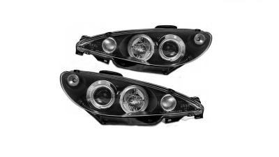 Set faruri tuning Peugeot 206 01.1998-2002 BestAutoVest partea Dreapta/ Stanga tip bec H1+H1, cu lumina pozitie fibra optica, transparent negru