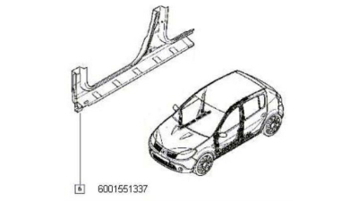 Prag Dacia Sandero 2008-2012 element inferior cadru lateral, bavolet partea Dreapta, 6001551337,  piesa originala OE