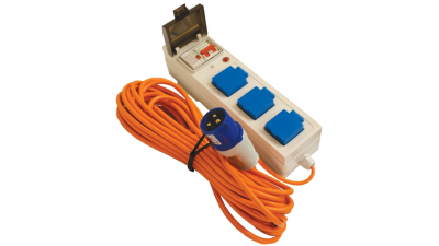 Priza tripla UK IP44  cu cablu 15 metri, stecher CEE 3 pini, cu siguranta decuoplare 25Amp RCD , 16Amp MCB