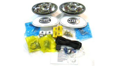 Set 2 proiectoare auto HELLA 12V bec H3 Universale cu cabluri, comutator si releu , tip FF 100 , cu lumina de drum