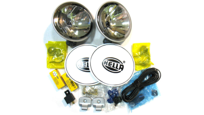 Set 2 proiectoare auto HELLA 12V bec H3 tip FF200 cu cablaj , comutator si releu, cu lumina de drum 